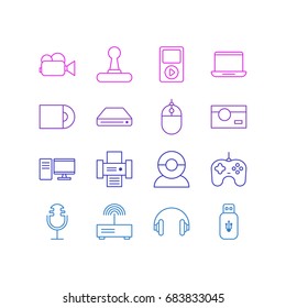 Vector Illustration Of 16 Accessory Icons. Editable Pack Of Camcorder, Computer, Usb Card And Other Elements.