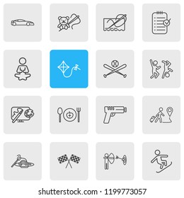 Vector illustration of 16 activities icons line style. Editable set of making toy, design, archery and other icon elements.