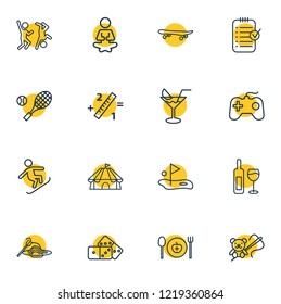 Vector illustration of 16 activities icons line style. Editable set of domino, game console, wine bottle and other icon elements.