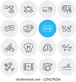 Vector illustration of 16 activities icons line style. Editable set of postcrossing, headphone, video game and other icon elements.