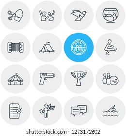 Vector illustration of 16 activities icons line style. Editable set of planning, award cup, tailoring and other icon elements.