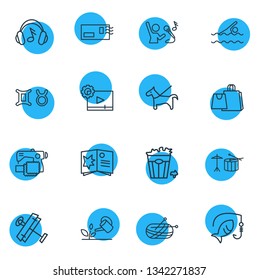 Vector illustration of 16 activities icons line style. Editable set of astrology, fishing, video maker and other icon elements.