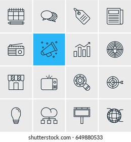 Vector Illustration Of 16 Ad Icons. Editable Pack Of Fm Broadcasting, Discount Label, Advertising Billboard And Other Elements.