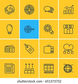 Vector Illustration Of 16 Ad Icons. Editable Pack Of Schedule, Discount Label, Advancement And Other Elements.