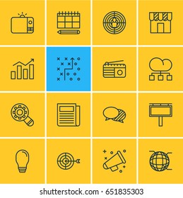 Vector Illustration Of 16 Ad Icons. Editable Pack Of Tactical Plan, Television, Cloud Distribution And Other Elements.