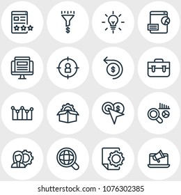 Vector illustration of 16 advertisement icons line style. Editable set of SEO consulting, above the fold, page quality and other icon elements.
