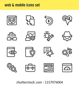 Vector illustration of 16 advertisement icons line style. Editable set of competitor analysis, page speed, social media campaign and other icon elements.