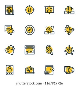 Vector illustration of 16 advertising icons line style. Editable set of longtime contract, press release, customer testimonials and other icon elements.