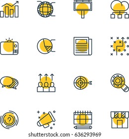 Vector Illustration Of 16 Advertising Icons. Editable Pack Of Advancement, Network, Statistics And Other Elements.