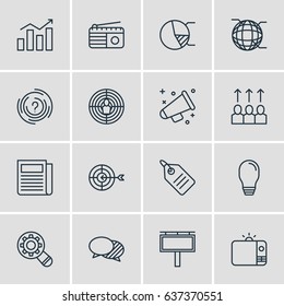 Vector Illustration Of 16 Advertising Icons. Editable Pack Of Network, Discount Label, Maze And Other Elements.