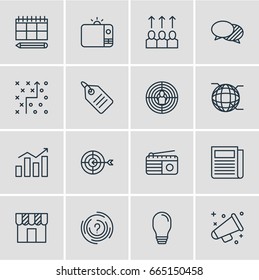 Vector Illustration Of 16 Advertising Icons. Editable Pack Of Schedule, Network, Fm Broadcasting And Other Elements.