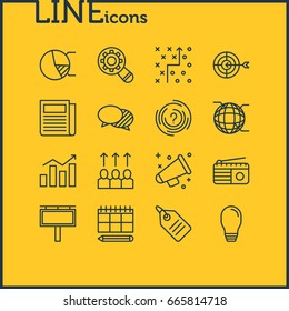 Vector Illustration Of 16 Advertising Icons. Editable Pack Of Discussing, Fm Broadcasting, Goal And Other Elements.
