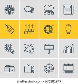 Vector Illustration Of 16 Advertising Icons. Editable Pack Of Aiming, Fm Broadcasting, Television And Other Elements.
