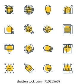 Vector Illustration Of 16 Advertising Icons. Editable Pack Of Tactical Plan, Television, Statistics And Other Elements.