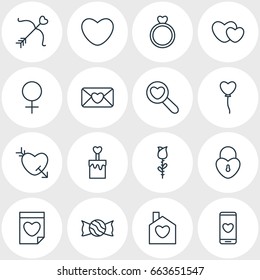 Vector Illustration Of 16 Amour Icons. Editable Pack Of Valentine, Hearts, Woman And Other Elements.