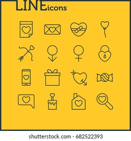 Vector Illustration Of 16 Amour Icons. Editable Pack Of Gift, Lock, Valentine And Other Elements.