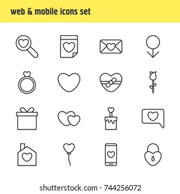 Vector Illustration Of 16 Amour Icons. Editable Pack Of Decoration, Engagement, Rose And Other Elements.