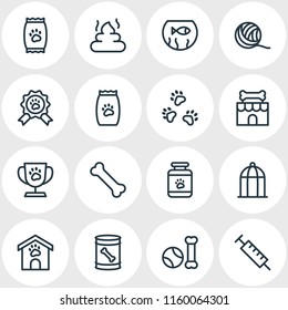 Vector Illustration Of 16 Animal Icons Line Style. Editable Set Of Kennel, Pet Poo, Pet Toys And Other Icon Elements.