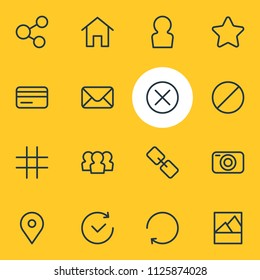 Vector illustration of 16 annex icons line style. Editable set of social, close, user and other icon elements.