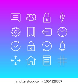 Vector illustration of 16 app icons line style. Editable set of sign out, history, home and other icon elements.