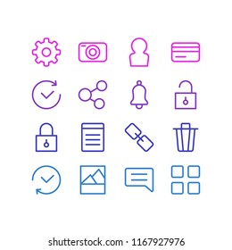 Vector illustration of 16 app icons line style. Editable set of trash can, padlock, credit card and other icon elements.