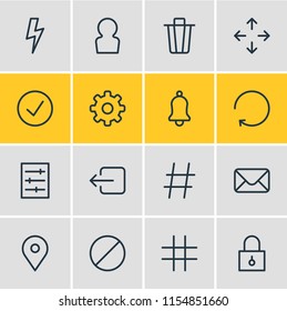 Vector illustration of 16 application icons line style. Editable set of setting, hashtag, padlock and other icon elements.