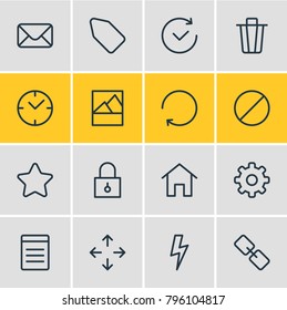 Vector illustration of 16 application icons line style. Editable set of clock, time, document and other elements.