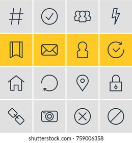 Vector Illustration Of 16 Application Outline Icons. Editable Set Of Time, Pennant, Closed And Other Elements.