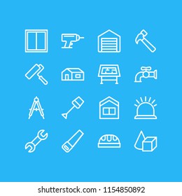 Vector illustration of 16 architecture icons line style. Editable set of drill, window, home and other icon elements.
