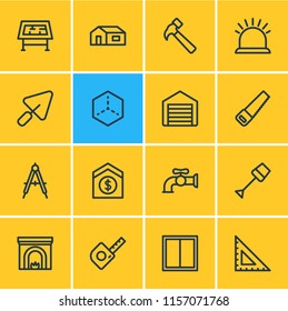 Vector illustration of 16 architecture icons line style. Editable set of ruler, garage, tape and other icon elements.
