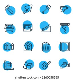 Vector illustration of 16 architecture icons line style. Editable set of window, tape, drill and other icon elements.