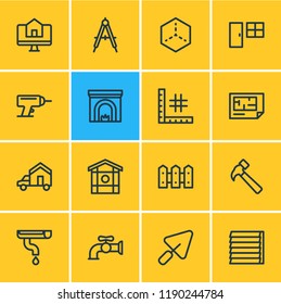 Vector illustration of 16 architecture icons line style. Editable set of hammer, fireplace, planning and other icon elements.