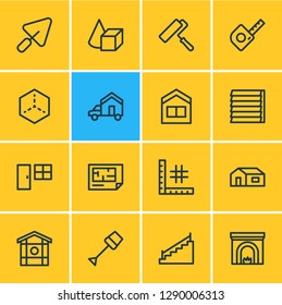 Vector illustration of 16 architecture icons line style. Editable set of figures, spade, moving and other icon elements.