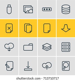 Vector Illustration Of 16 Archive Icons. Editable Pack Of Remove, Upload, Flash Drive And Other Elements.