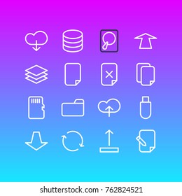 Vector Illustration Of 16 Archive Outline Icons. Editable Set Of Memory, Agreement, Dossier And Other Elements.