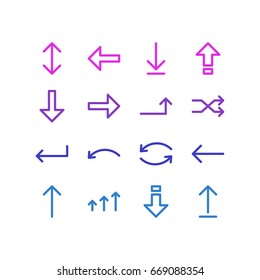 Vector Illustration Of 16 Arrows Icons. Editable Pack Of Update, Direction, Randomize Elements.