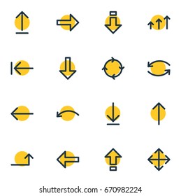 Vector Illustration Of 16 Arrows Icons. Editable Pack Of Raise, Upwards, Download And Other Elements.