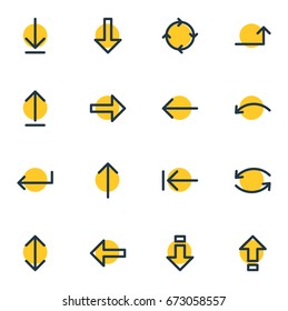 Vector Illustration Of 16 Arrows Icons. Editable Pack Of Submit, Down, Upwards And Other Elements.