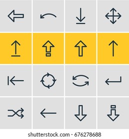 Vector Illustration Of 16 Arrows Icons. Editable Pack Of Widen, Upwards, Submit And Other Elements.
