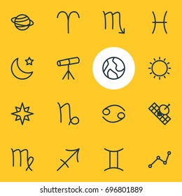 Vector Illustration Of 16 Astrology Icons. Editable Pack Of Goat, Fishes, Virgin And Other Elements.