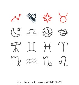 Vector Illustration Of 16 Astrology Icons. Editable Pack Of Bull, Satellite, Zoom Glass And Other Elements.