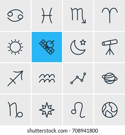 Vector Illustration Of 16 Astrology Icons. Editable Pack Of Geometric, Goat, Planet And Other Elements.