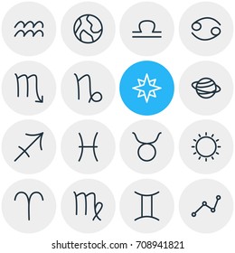Vector Illustration Of 16 Astrology Icons. Editable Pack Of Crab, Saturn, Archer And Other Elements.