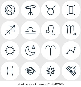 Vector Illustration Of 16 Astrology Icons. Editable Pack Of Twins, Sunny, Ram And Other Elements.