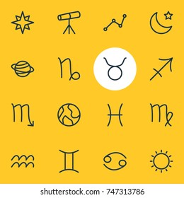 Vector Illustration Of 16 Astrology Icons. Editable Pack Of Zodiac Sign, Bull, Night And Other Elements.