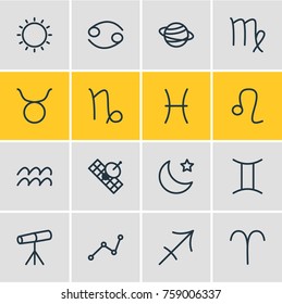 Vector Illustration Of 16 Astrology Outline Icons. Editable Set Of Bull, Satellite, Geometric And Other Elements.