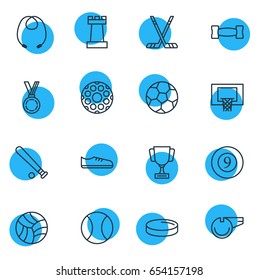 Vector Illustration Of 16 Athletic Icons. Editable Pack Of Basketball, Game, Skipping Rope And Other Elements.
