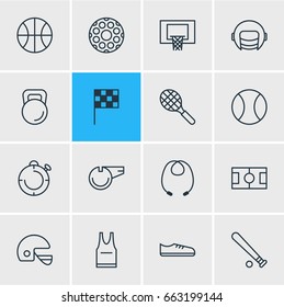 Vector Illustration Of 16 Athletic Icons. Editable Pack Of Basketball, Helmet, Baseball And Other Elements.