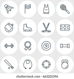 Vector Illustration Of 16 Athletic Icons. Editable Pack Of T-Shirt, Skipping Rope, Weight And Other Elements.