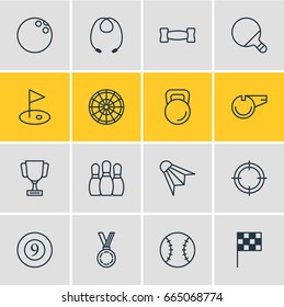 Vector Illustration Of 16 Athletic Icons. Editable Pack Of Sniper, Badminton, Cue And Other Elements.